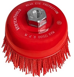 Щетка-крацовка чашка нейлоновая 100мм/М14 Vertextools – фото Щетка-крацовка чашка нейлоновая 100мм/М14 Vertextools – фото
